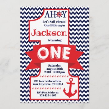 Navy And Red Boy Nautical 1st Birthday Invitation by PuggyPrints at Zazzle