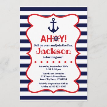 Navy And Red Boy Nautical Birthday Invitation by PuggyPrints at Zazzle