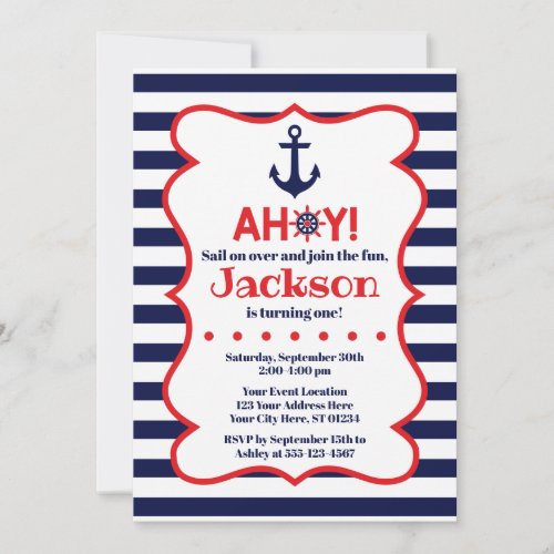 Navy and Red Boy Nautical Birthday Invitation