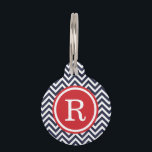 Navy and Red Chevron Monogram Pet Name Tag<br><div class="desc">Cute girly preppy zigzag chevron stripes pattern personalized with your pet's monogram name or initial in a chic circle frame. Back features coordinating colors and space to add your pet's name and emergency contact info. Click Customize It to change fonts and colors or add your own photos and text for...</div>