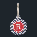 Navy and Red Chevron Monogram Pet Name Tag<br><div class="desc">Cute girly preppy zigzag chevron stripes pattern personalized with your pet's monogram name or initial in a chic circle frame. Back features coordinating colors and space to add your pet's name and emergency contact info. Click Customize It to change fonts and colors or add your own photos and text for...</div>