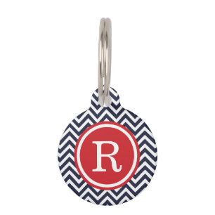 Navy and Red Chevron Monogram Pet Name Tag