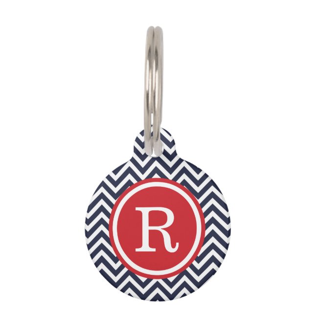 Navy and Red Chevron Monogram Pet Name Tag (Front)