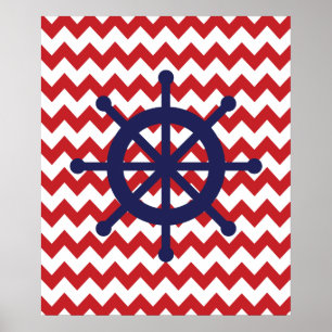 Navy and Red Chevron Nautical Ship Wheel Poster