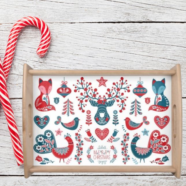 Navy and Red Christmas Scandinavian Folk Art Serving Tray (Creator Uploaded)