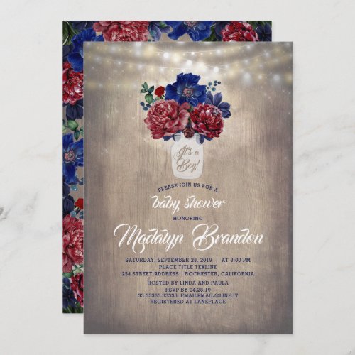 Navy and Red Floral Mason Jar Rustic Baby Shower Invitation