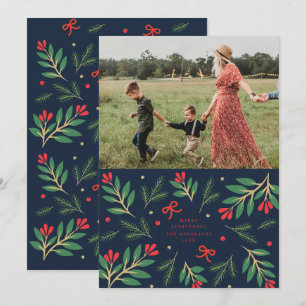 Navy and Red Holiday Boughs Holiday Photo Card