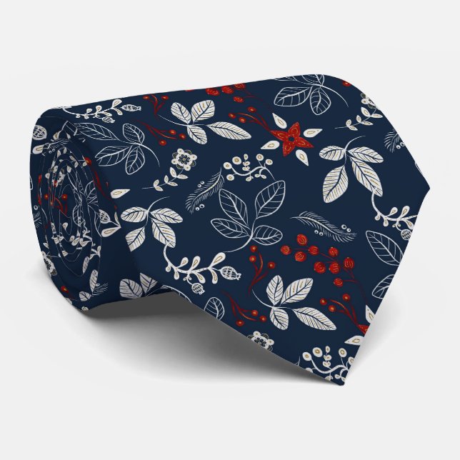 Navy and Red Leaves and Berries Neck Tie (Rolled)