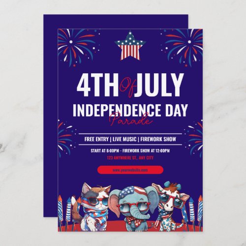 Navy And Red Modern  4th Of July Independence Day  Invitation
