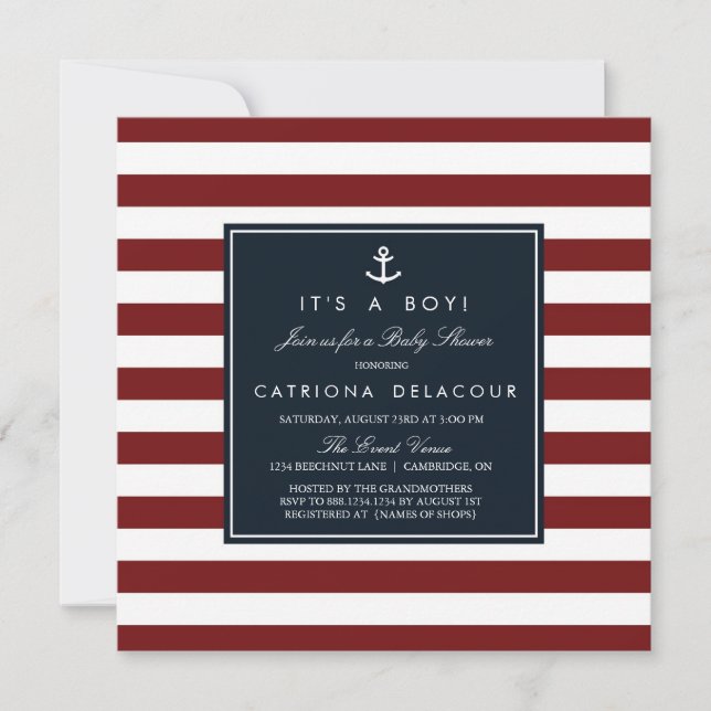 Navy and Red Nautical Baby Shower Invitation (Front)