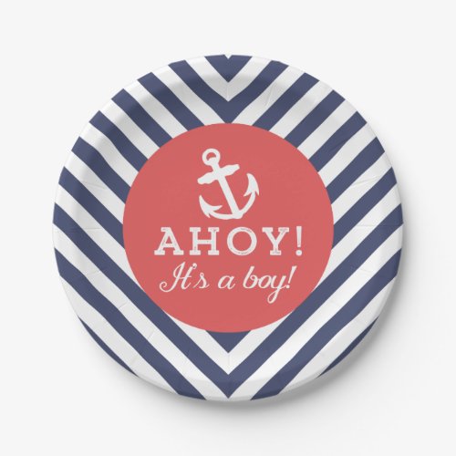 Navy and Red Nautical Chevron Baby Shower Paper Plates