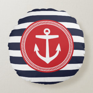Navy and Red Nautical Stripes and Anchor Round Pillow