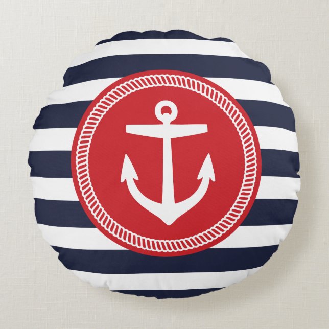 Navy and Red Nautical Stripes and Anchor Round Pillow (Front)