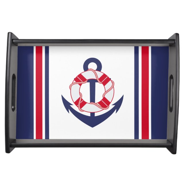 Navy and Red Nautical Stripes Serving Tray (Front)