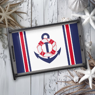 Navy and Red Nautical Stripes Serving Tray