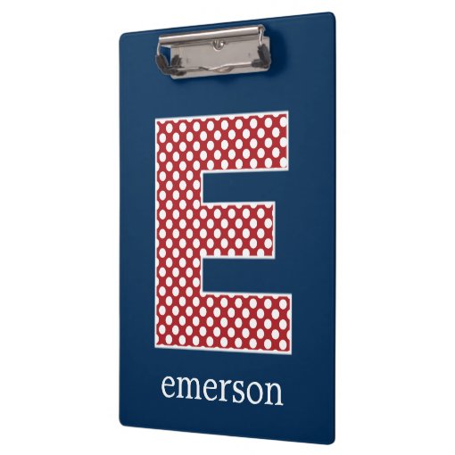 Navy and Red Polka Dots with Monogram Letter E Clipboard Zazzle