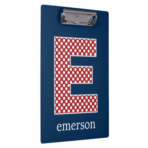 Navy and Red Polka Dots with Monogram Letter E Clipboard