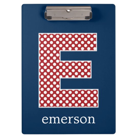 Navy and Red Polka Dots with Monogram Letter E Clipboard