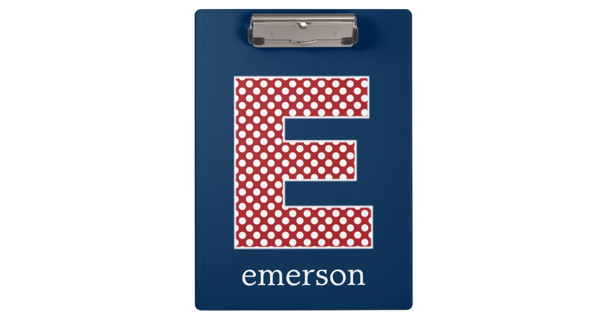 Navy and Red Polka Dots with Monogram Letter E Clipboard Zazzle