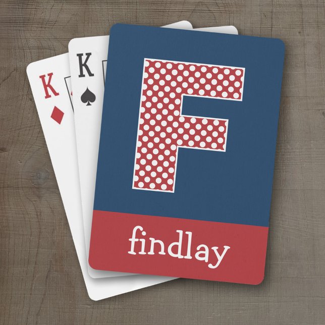 Navy and Red Polka Dots with Monogram Letter F Poker Cards (Personalized Playing Cards - Large Monogram)