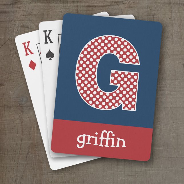 Navy and Red Polka Dots with Monogram Letter G Poker Cards (Personalized Playing Cards - Huge Monogram)
