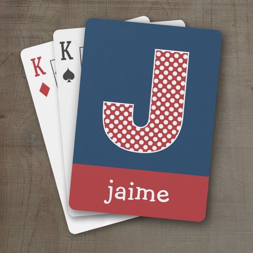 Navy and Red Polka Dots with Monogram Letter J Poker Cards