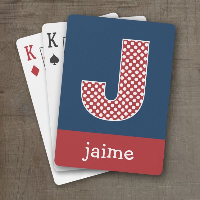 Navy and Red Polka Dots with Monogram Letter J Poker Cards (Personalized Playing Cards - Large Monogram)