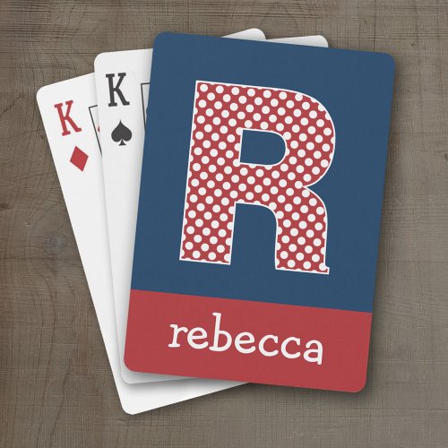 Navy and Red Polka Dots with Monogram Letter R Poker Cards