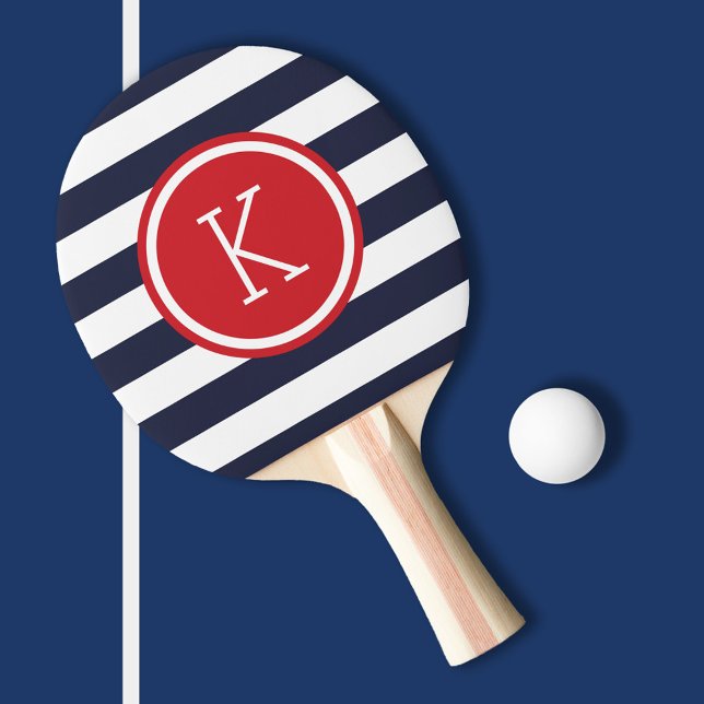Navy and Red Preppy Stripes Monogram Ping-Pong Paddle (Creator Uploaded)