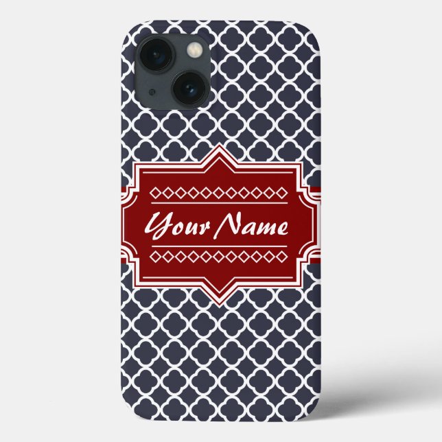 Navy and Red Quatrefoil Personalized Case-Mate iPhone Case (Back)