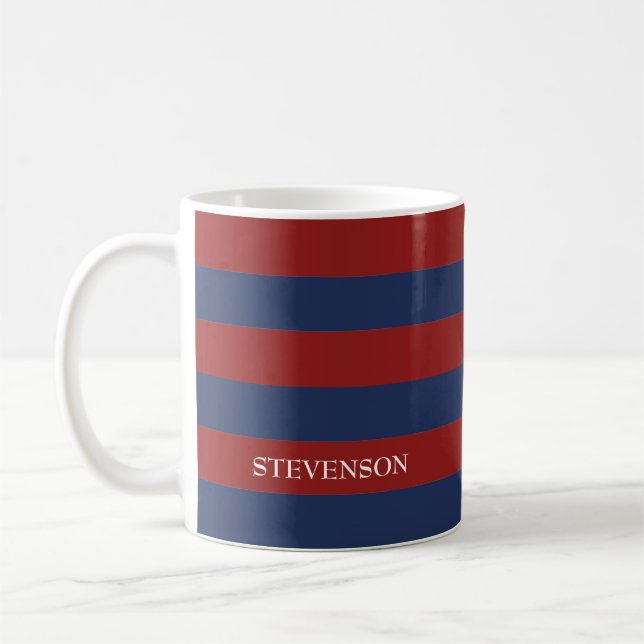 Navy and Red Rugby Stripes Coffee Mug (Left)