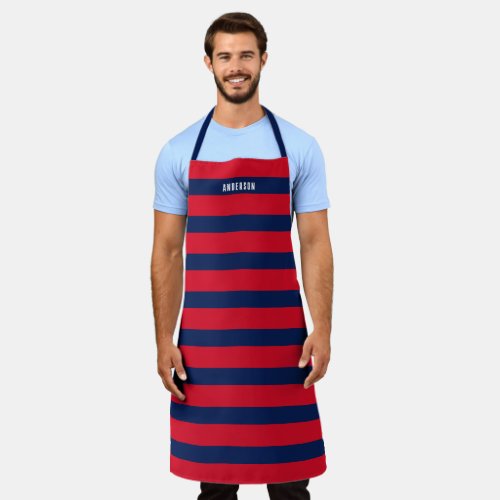 Navy and Red Striped Pattern Custom Name Apron