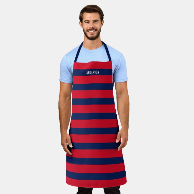 Navy and Red Striped Pattern Custom Name Apron (Worn)