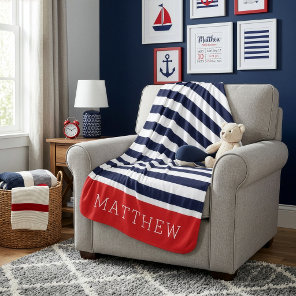 Navy and Red Stripes Monogram | Editable Colors Baby Blanket