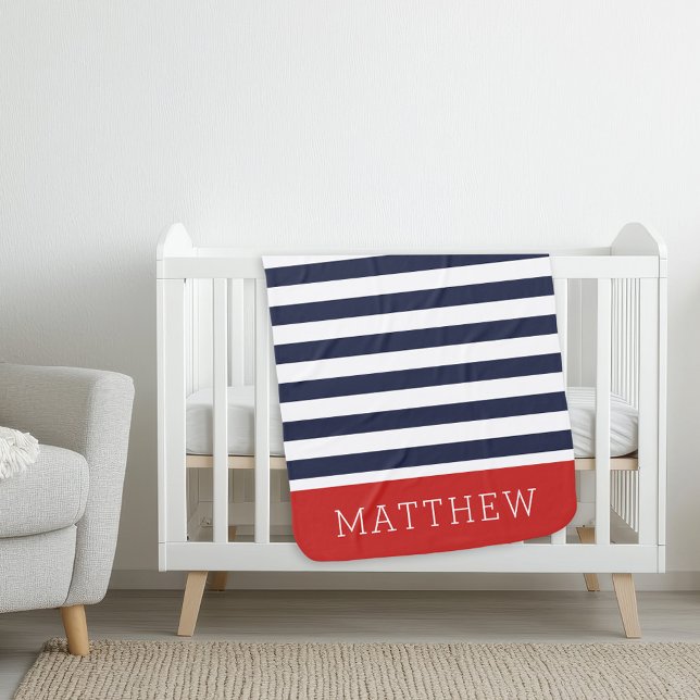 Navy and Red Stripes Monogram | Editable Colors Baby Blanket (Creator Uploaded)