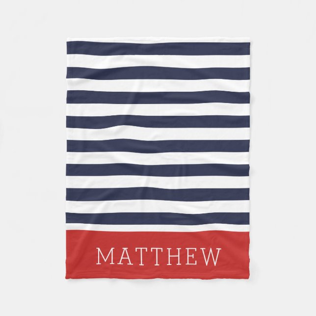 Navy and Red Stripes Monogram | Editable Colors Fleece Blanket (Front)