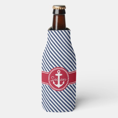 Navy And Red Stripes Nautical Anchor Monogram Bottle Cooler