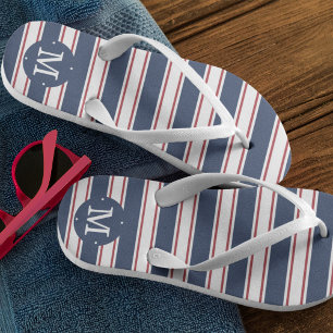 Navy and Red Summer Stripe Monogram Flip Flops