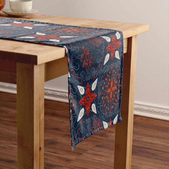 Navy and Red Taika Folk Art  Short Table Runner (In Situ)