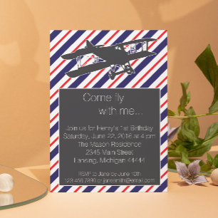 Navy and Red Vintage Airplane Birthday Invite