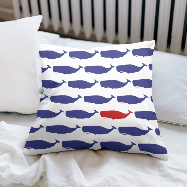 Navy and Red Whale Pattern Nautical Throw Pillow (The perfect decorative pillow for a nautical themed bedroom or beach house.)