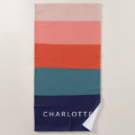 Navy and Red Wide Abstract Stripes Personalized Beach Towel<br><div class="desc">Cute,  bright and colorful! This simple pattern features color blocked shapes in a trendy palette of salmon pink,  red,  and blue. Personalize it with your name!</div>