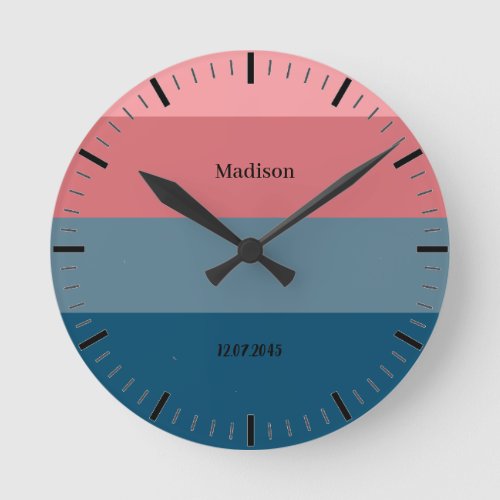 Navy and Red Wide Abstract Stripes Personalized  Round Clock