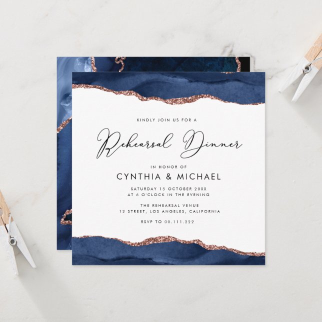 navy and rose gold agate rehearsal dinner invitation (Front/Back In Situ)