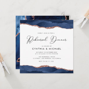 navy and rose gold agate rehearsal dinner invitation