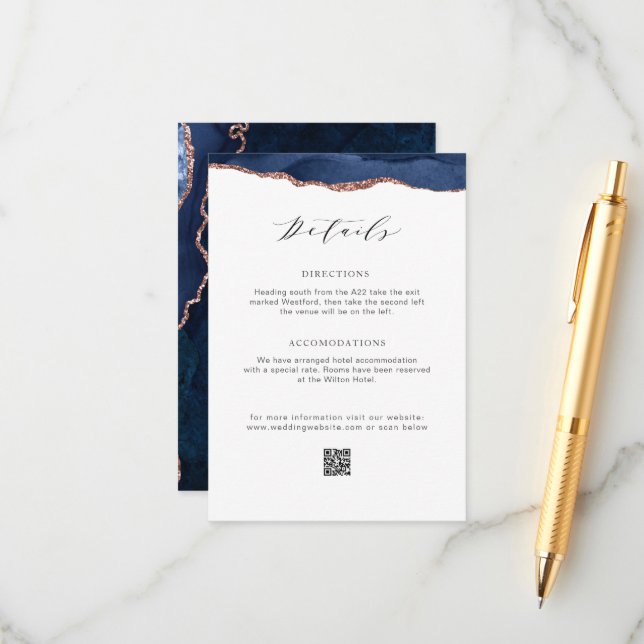 navy and rose gold agate wedding details  enclosure card (Front/Back In Situ)