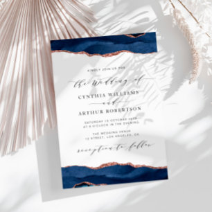 navy and rose gold agate wedding invitation