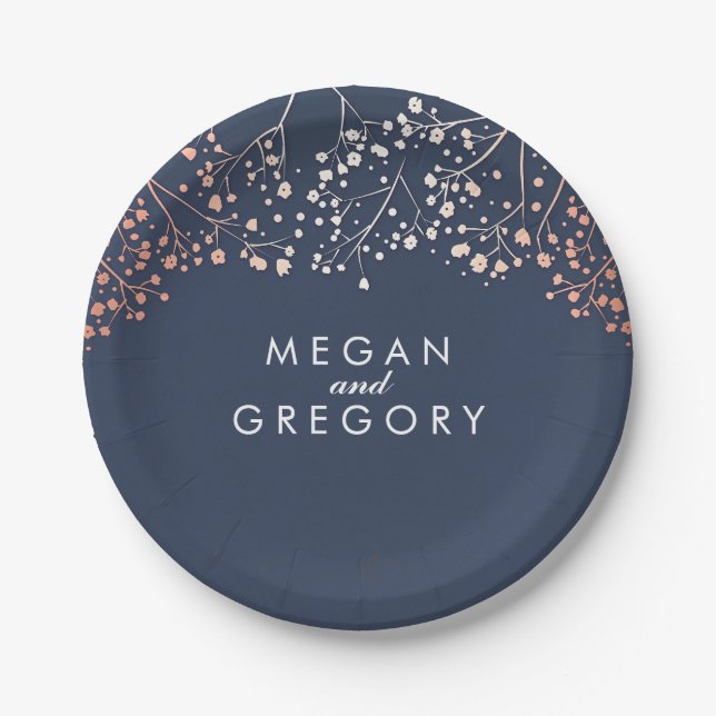 Navy and Rose Gold Baby's Breath Wedding Paper Plates (Front)