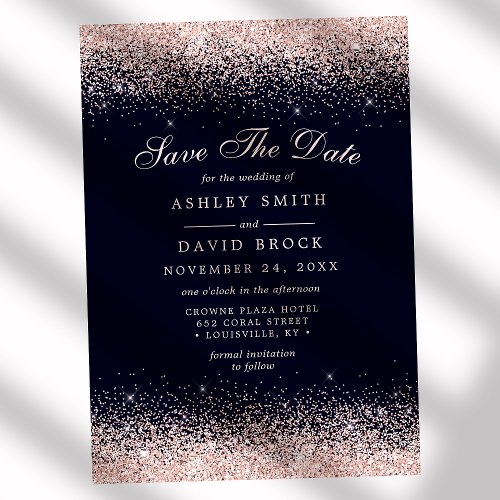 Navy And Rose Gold Confetti Save The Date