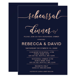 Navy and Rose Gold Elegant Script Rehearsal Dinner Card